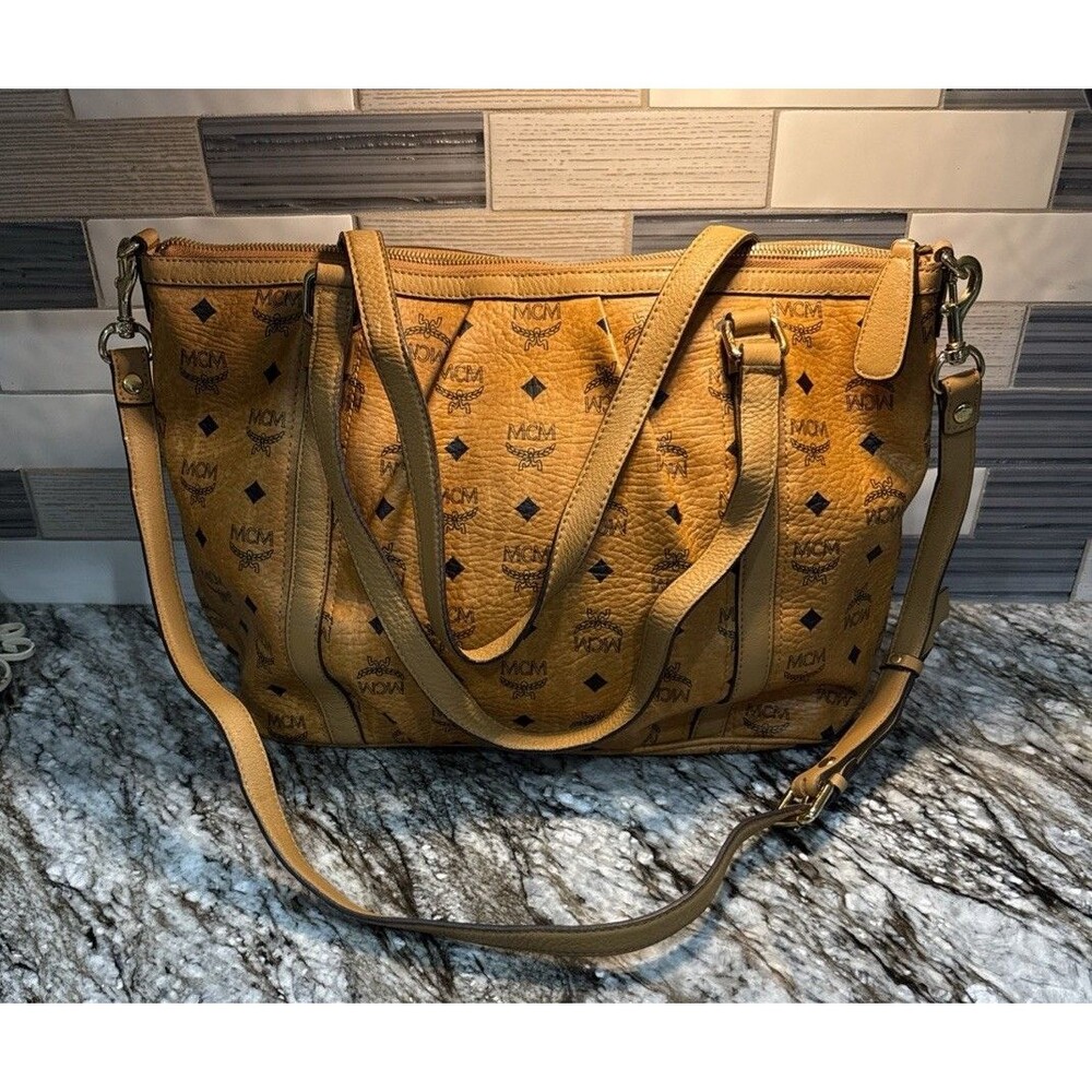 MCM Visetos Cognac 2-Way Tote EUC Fantastic Bag For Fall Plastic on Hardware - Picture 6 of 16